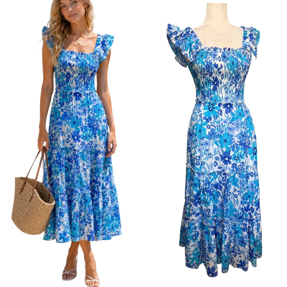 Womens S Maxi Dress Floral Smocked Tiered  Pockets Feminine Cottagecore Boho Blu